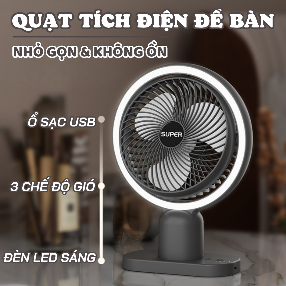 Quạt điện mini kiêm đèn ngủ, quạt tích điện đèn led siêu sáng, quạt điện có đèn led ánh trăng, quạt tích điện mini quạt để bàn