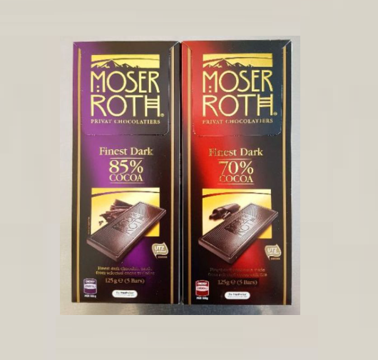 Thanh sô cô la schokolade 85% cacao màu tím hiệu Moser Roth 125g