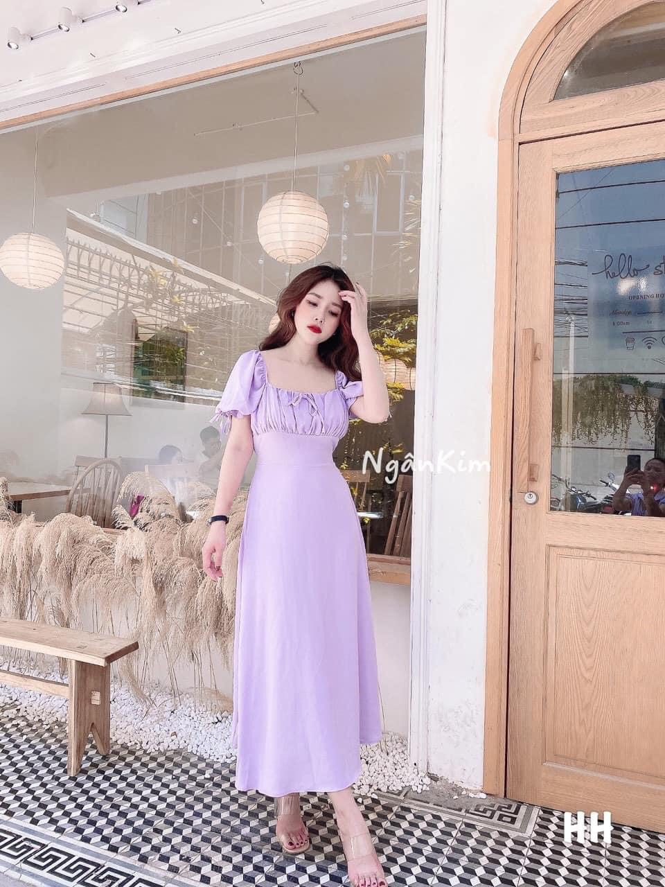 Đầm tím cổ vuông nhún ngực nơ lưng mộng mơ TTSA0444