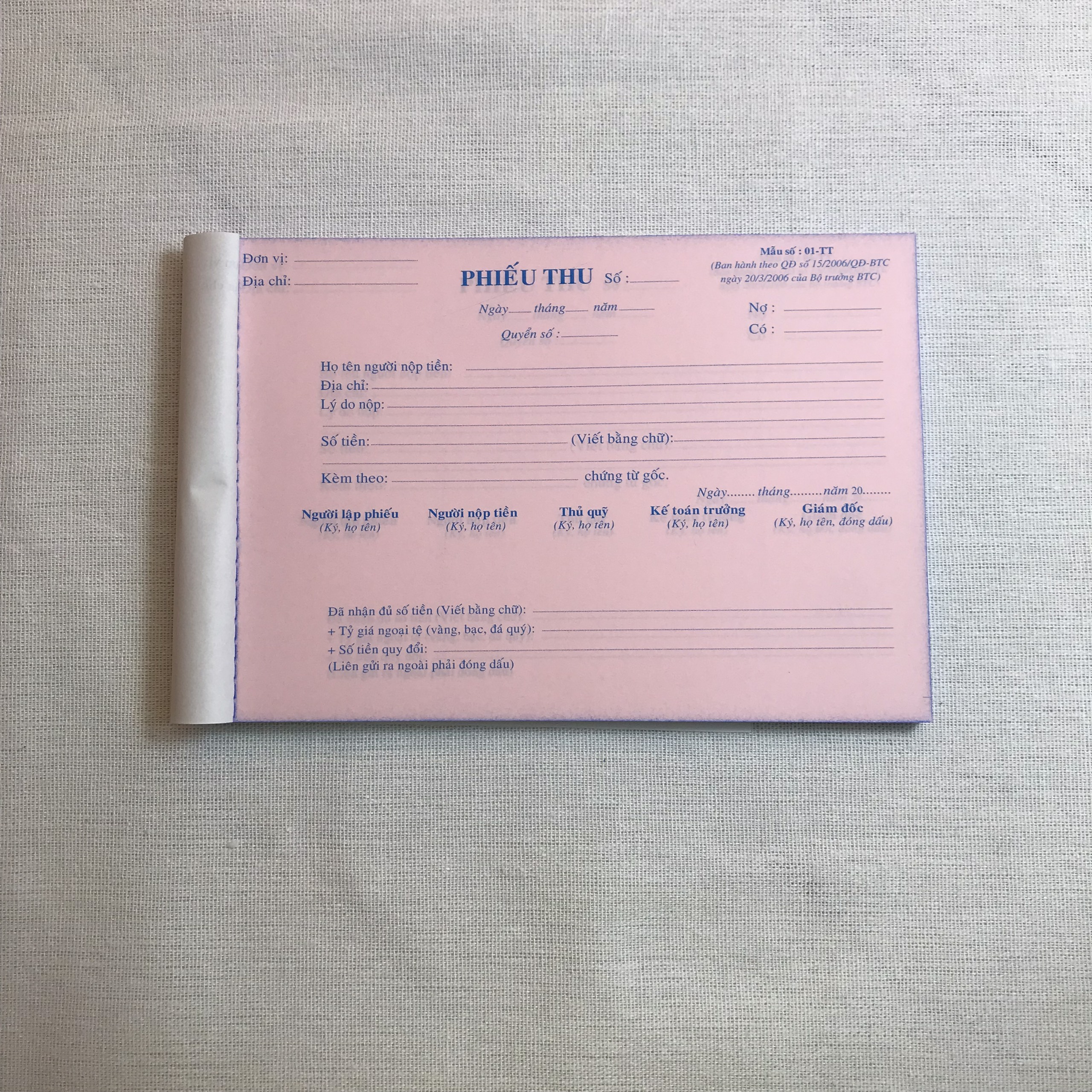 PHIẾU THU 2 LIÊN (NY)
