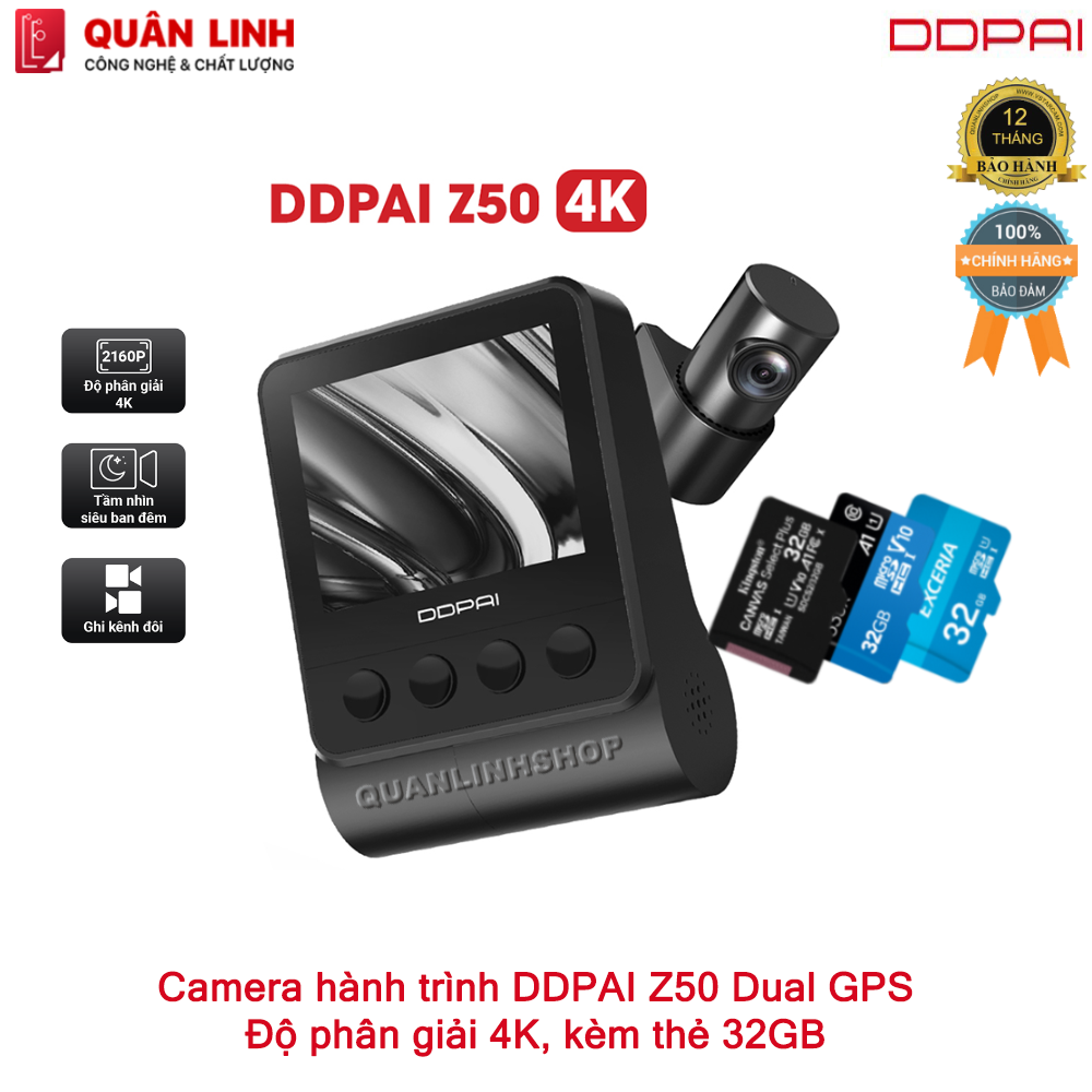 Camera hành trình DDPAI Z50 độ phân giải 4K, tích hợp GPS, kèm cam sau, phiên bản quốc tế