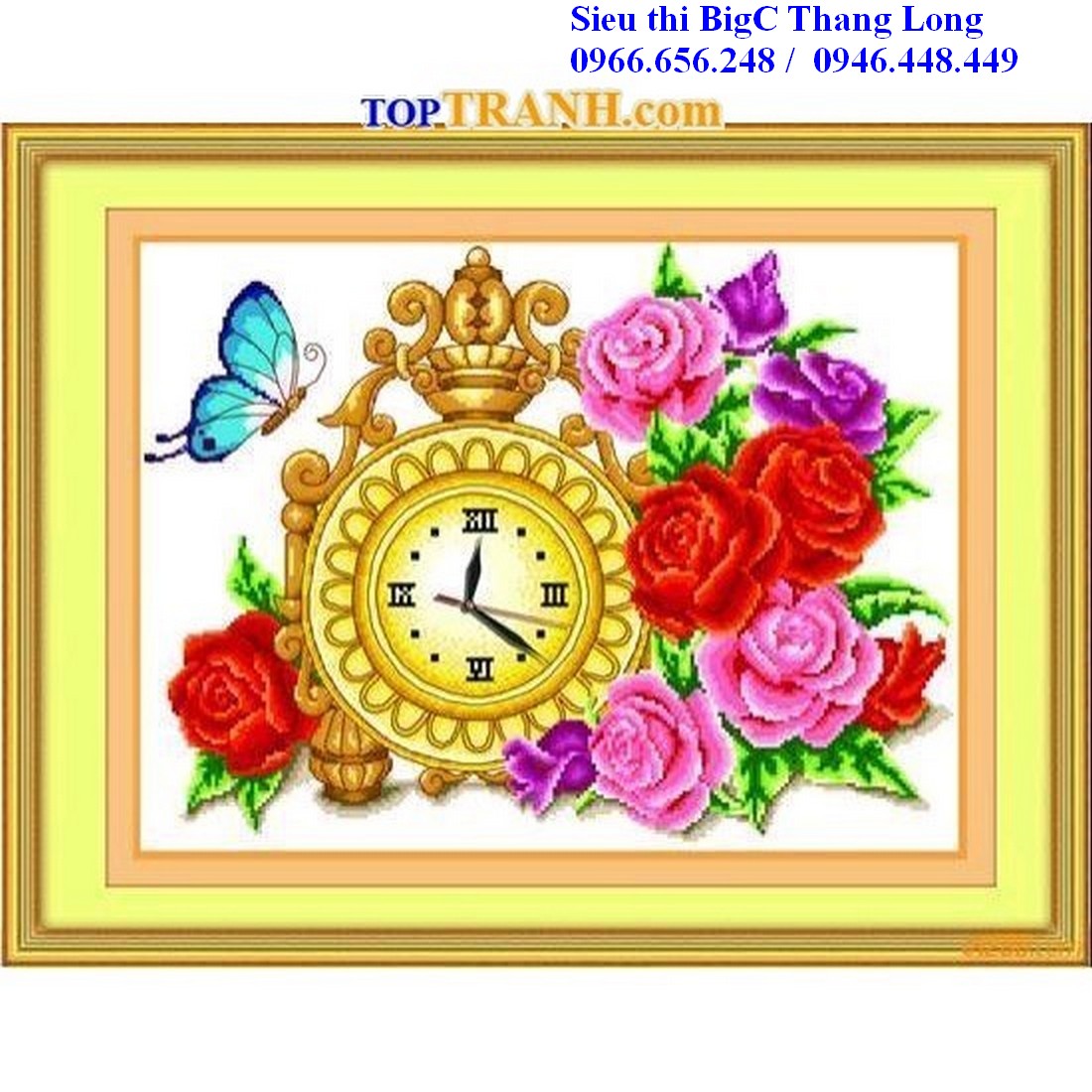 Tranh thêu chữ thập đồng hồ cổ và hoa hồng đỏ 8036