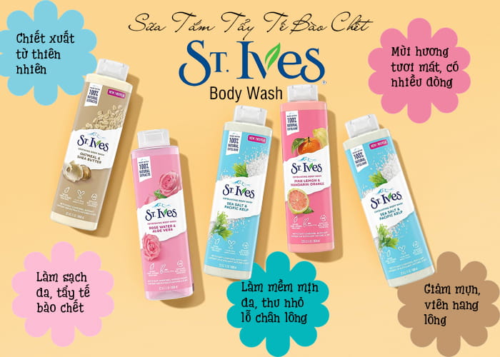 Sữa tắm trắng da tẩy tế bào chết st.ives stives body wash mỹ 650ml