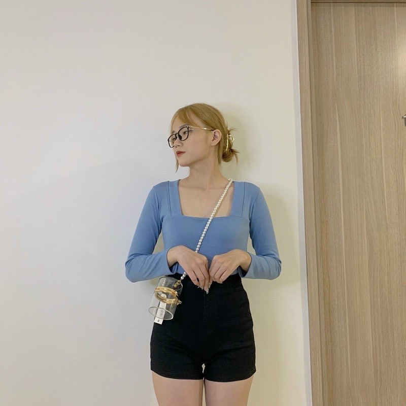 Áo Thun GÂn Bó Cổ Vuông TAy Dài Duyên Dáng TTVV0029