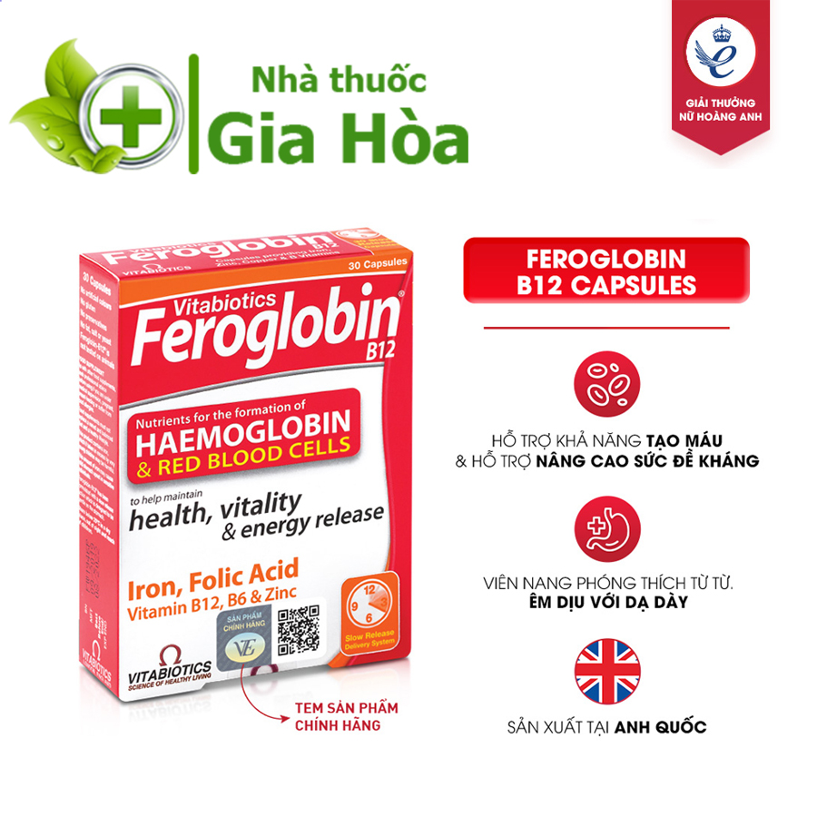 Viên uống bổ sung sắt Vitabiotics Feroglobin B12 bổ máu, tăng tạo máu, tăng sức đề kháng