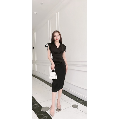 Đầm váy body dáng ôm eo thiết kế cổ v thắt dây nơ đen