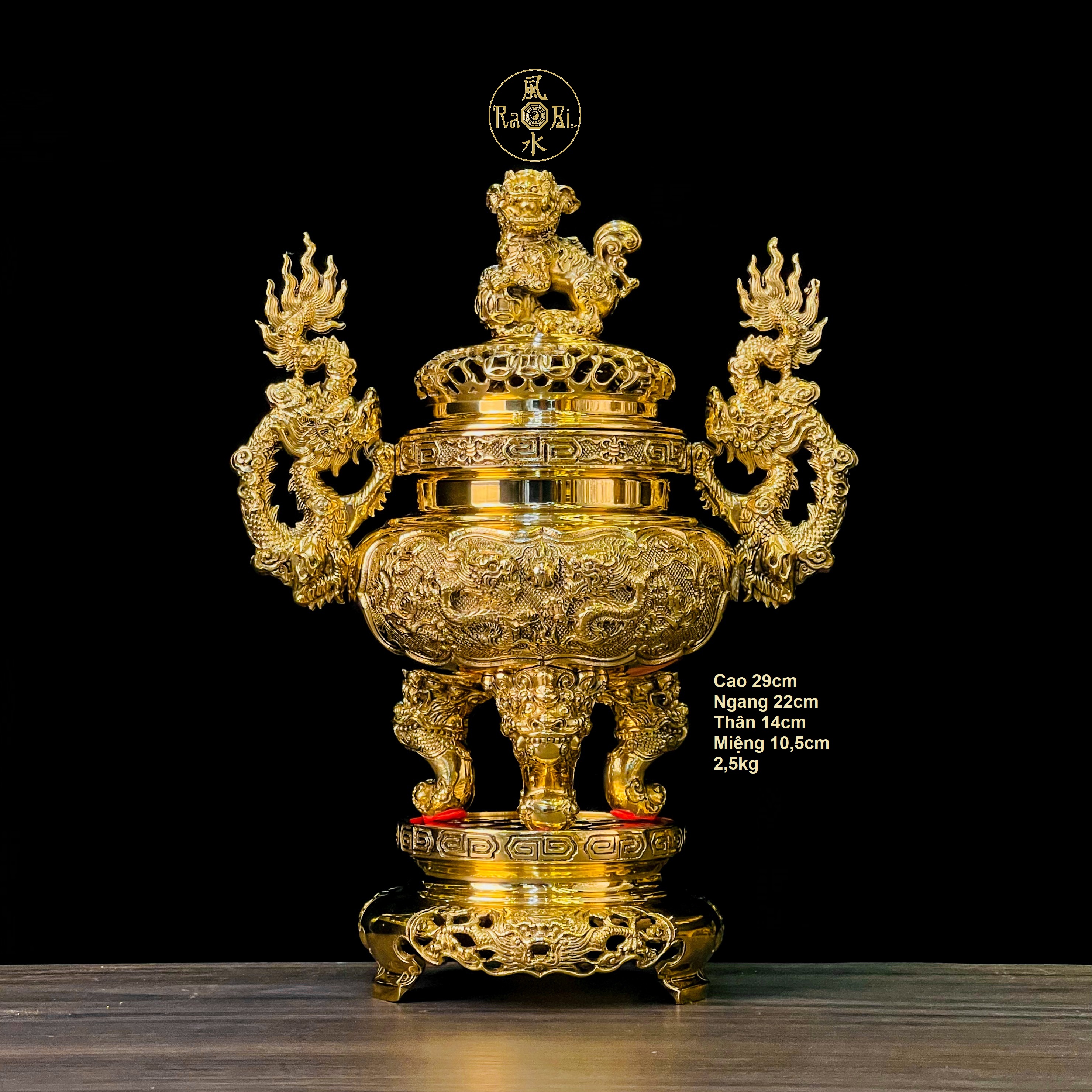 Lư Tròn Gia Tiên Lân Nghê 29CM  - Tượng Thờ Đồng Vĩnh Tiến Chất Lượng Cao