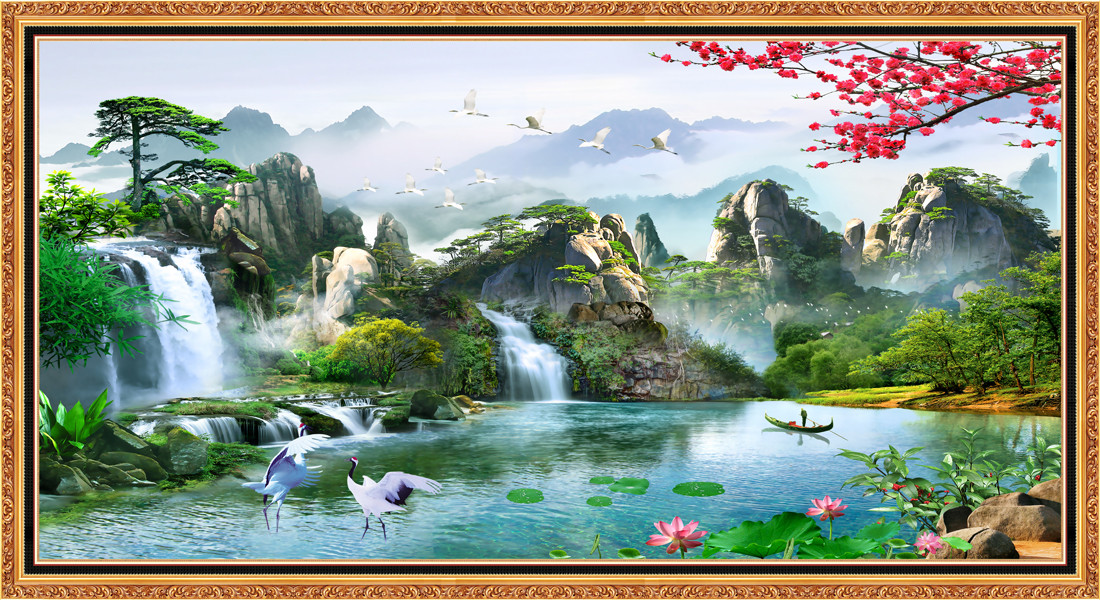 Tranh dán tường sơn thủy VTC Tùng hạc diên niên LunaTM-0052 phủ kim sa