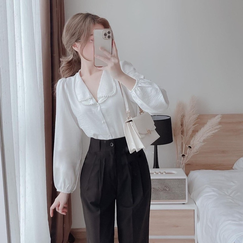 Áo sơ mi lụa tằm chạy dây ngọc hàng mới