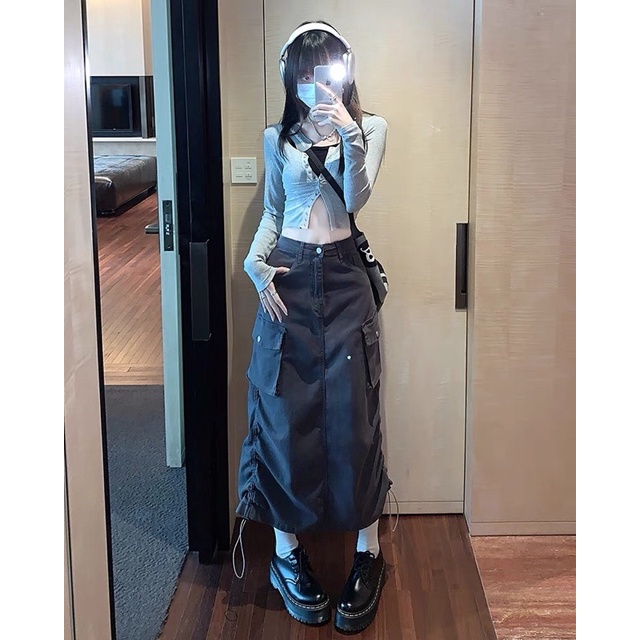 Chân váy dài túi hộp xám rút 2 bên v15 | sugarblingbling