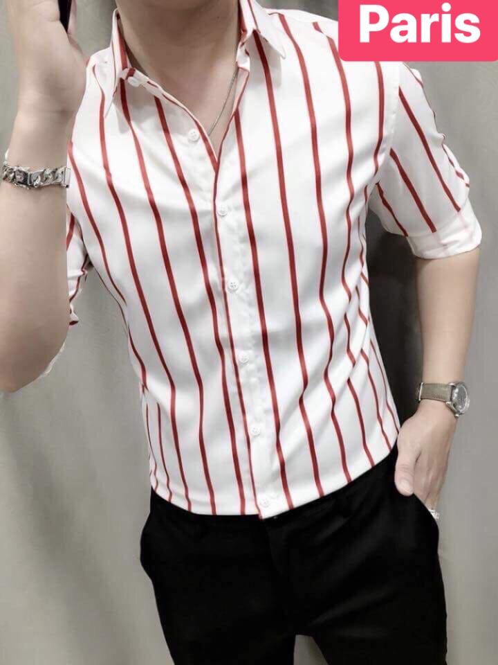 ÁO SƠ MI LỤA NAM CHỐNG NHĂN TRẮNG SỌC ĐỎ HUYẾT CAO CẤP - PARIS FASHION