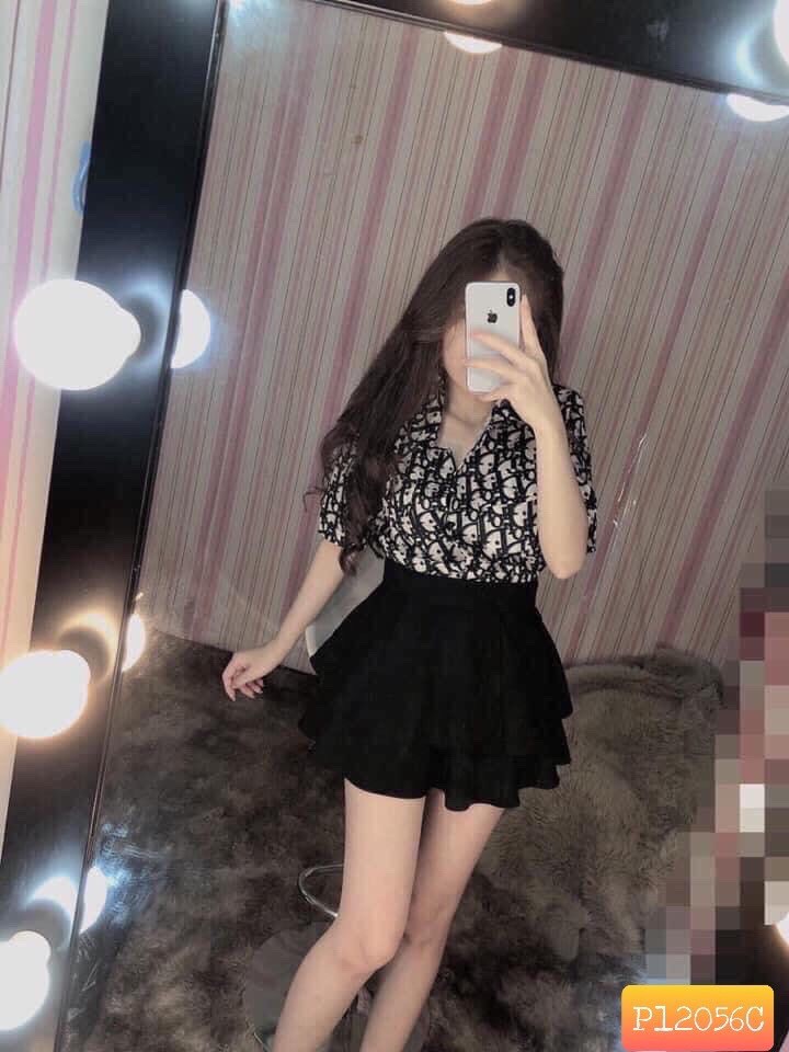 Áo sơ mi họa tiết ký tự tay ngắn công sở