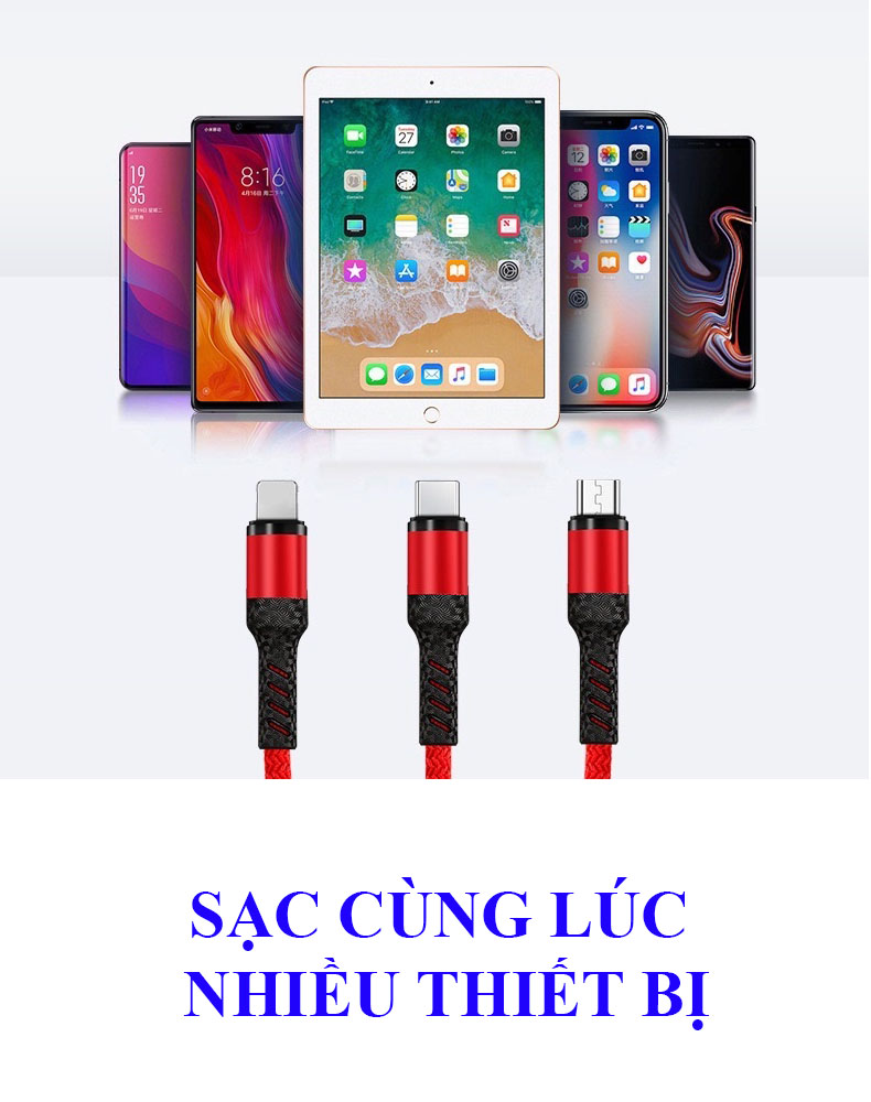 Cáp sạc nhanh 3 đầu (Type-C, Micro USB, Lightning) 3.0A JSJ USB-233 dài 1.2m