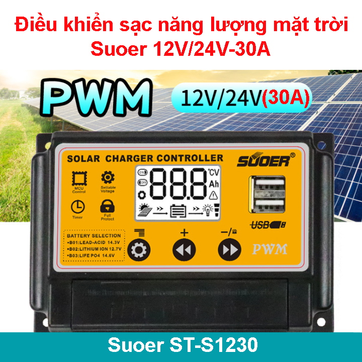 Sạc điều khiển pwm-30a - st-s1230 sạc pin mặt trời pwm suoer
