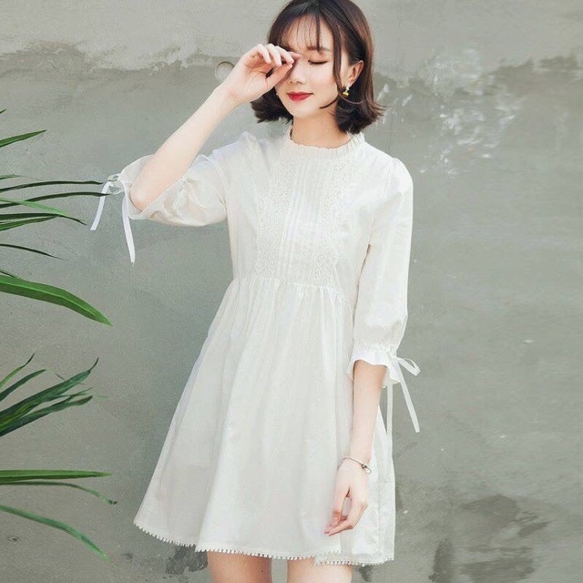 ĐẦM TRẮNG TAY NƠ MS12 (có ảnh thật)