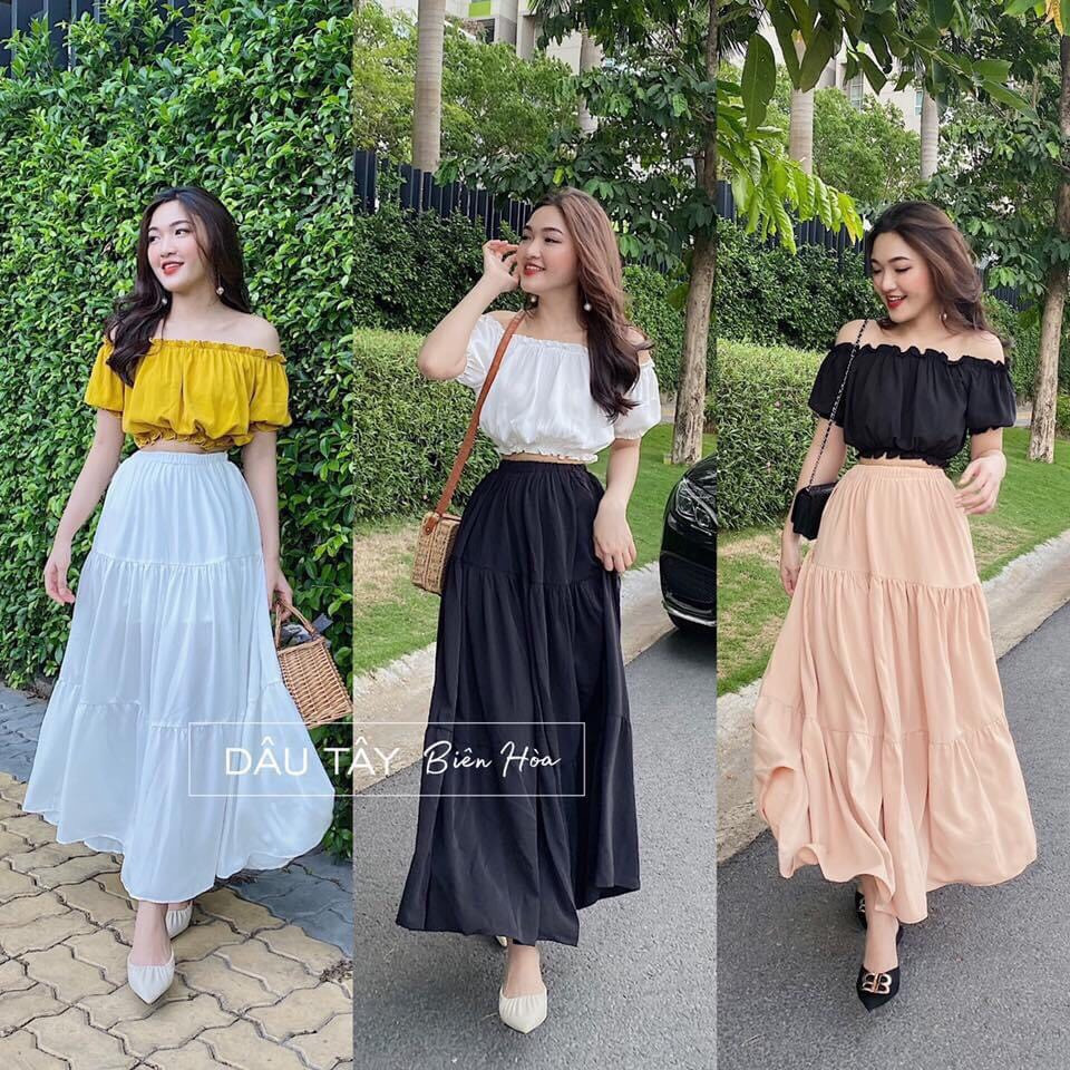 [HCM]Set váy rời chân váy maxi dài +áo bẹt vai