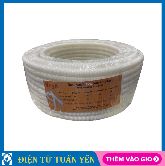 Ống ruột gà Vega trắng phi 16 - 32 chống cháy để luồn dây điện, đàn hồi tốt