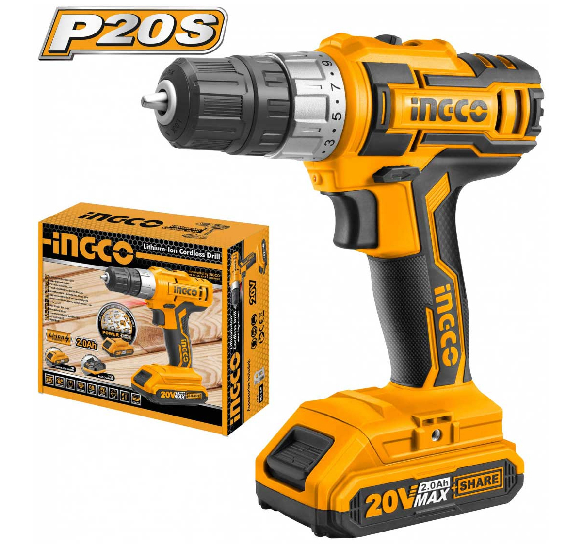 Ingco 20V two speed brushless battery Cordless Hammer drill with rechargeable battery and accessories 2 speed adjustable battery hand drill-hammer drill