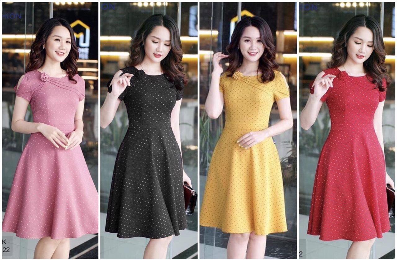 Đầm váy  –  Đầm xoè chấm bi hoa mí cổ DVCC86 cao cấp