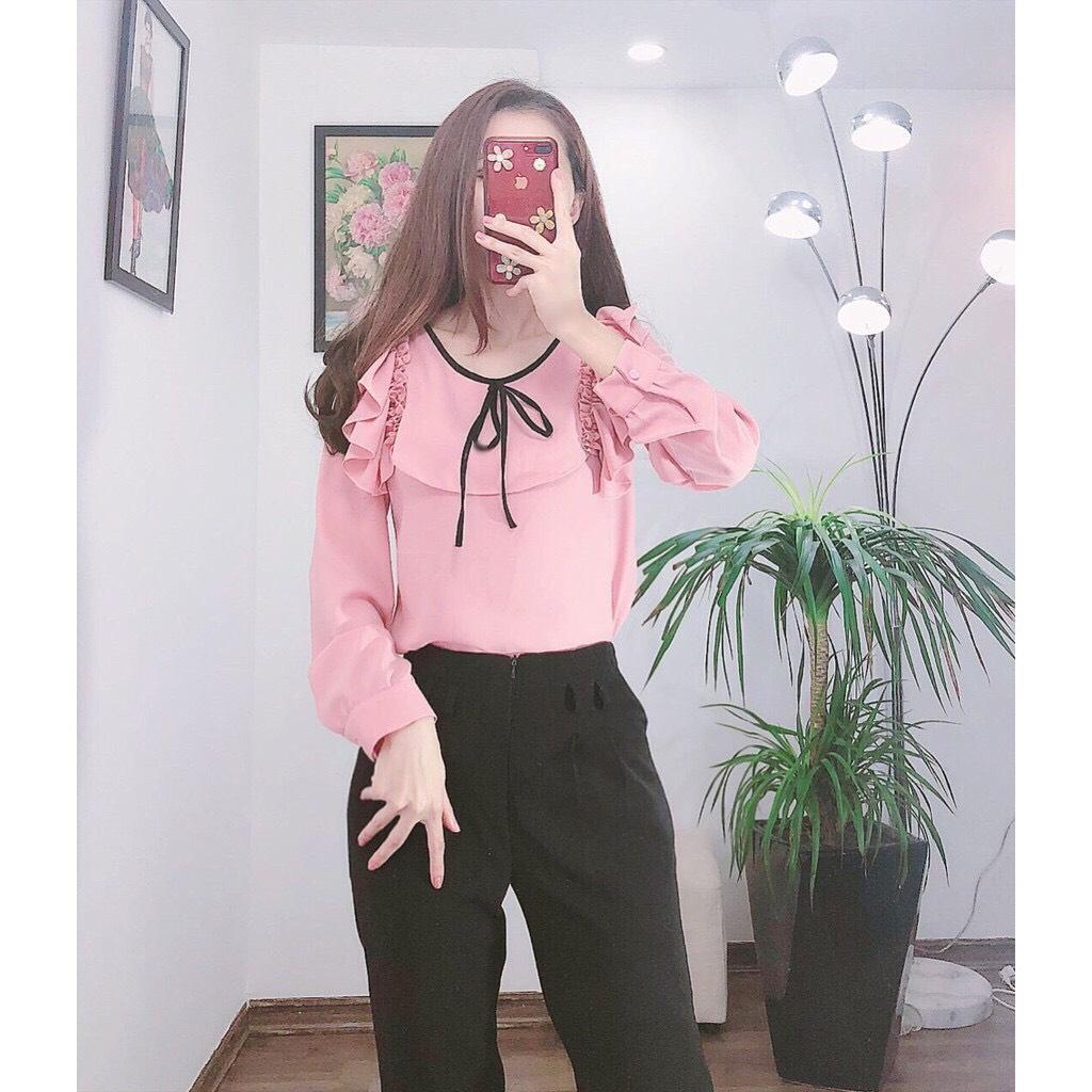 Áo Sơ Mi Vai Bèo Cổ Phối Nơ