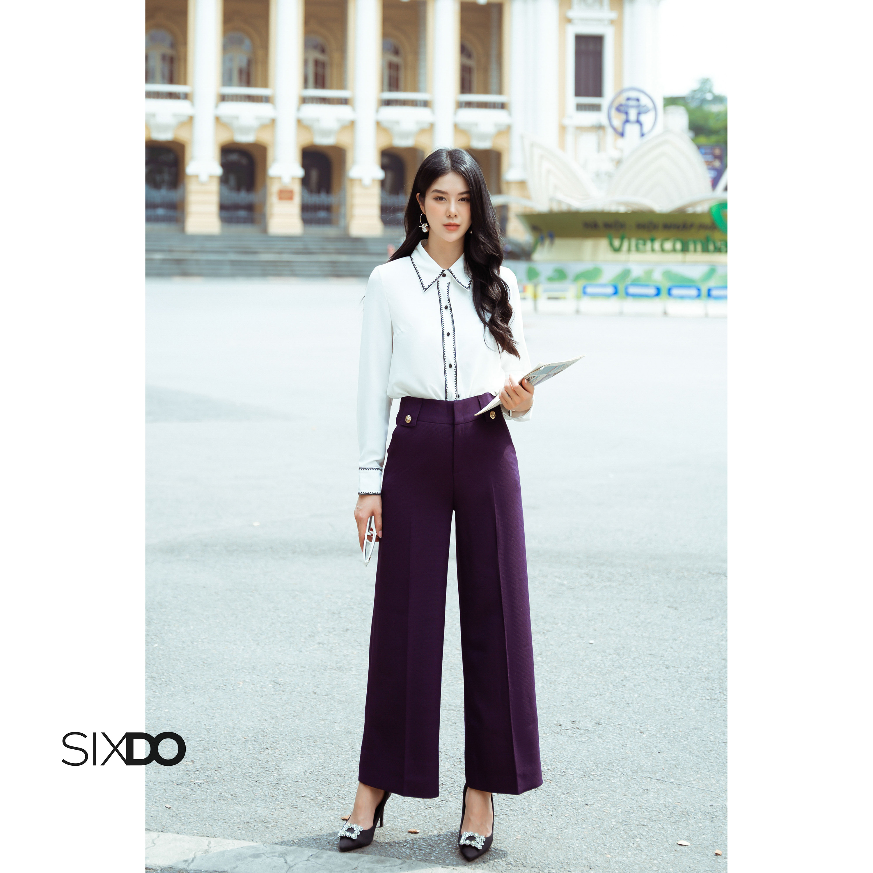 Áo sơ mi nữ lụa trắng viền đen SIXDO (White Long Sleeves Silk Shirt)