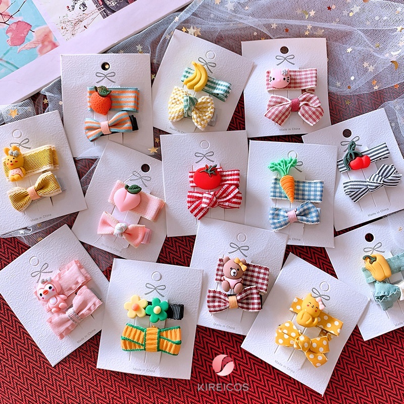 [HCM]Set 2 Kẹp Tóc Nơ Sọc Đính Thú Siêu Cưng - kireicos