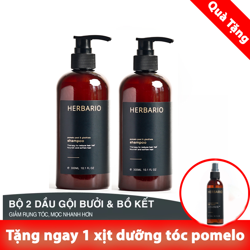 Bộ 2 dầu gội bưởi bồ kết Herbario 300ml/chai giúp mọc tóc Tặng 1 xịt bưởi bồ kết Herbario 100ml