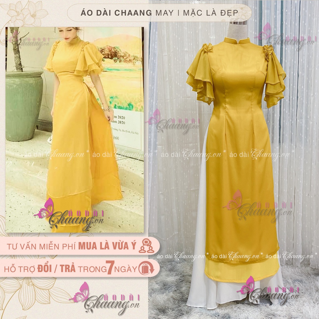 Áo dài cách tân tay cánh tiên, Chaang thiết kế áo 4 tà, vải tơ mềm óng mềm mại mát