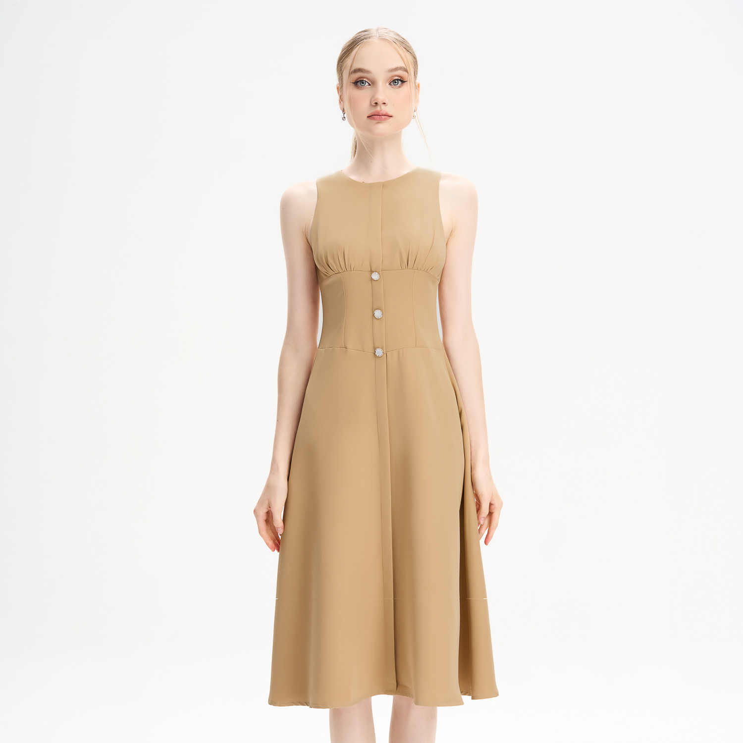 Đầm midi chữ A cotton thái cổ phối nút trang trí Maybi