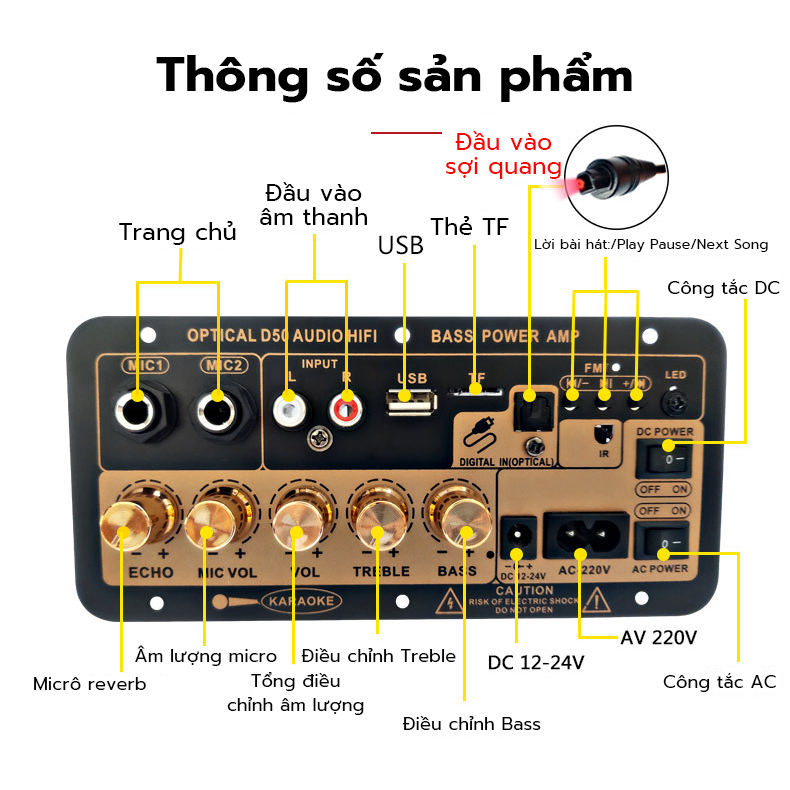Bảng khuếch đại công suất kỹ thuật số Bluetooth với sợi quang D50 khuếch đại âm thanh kép kỹ thuật số Bluetooth công suất