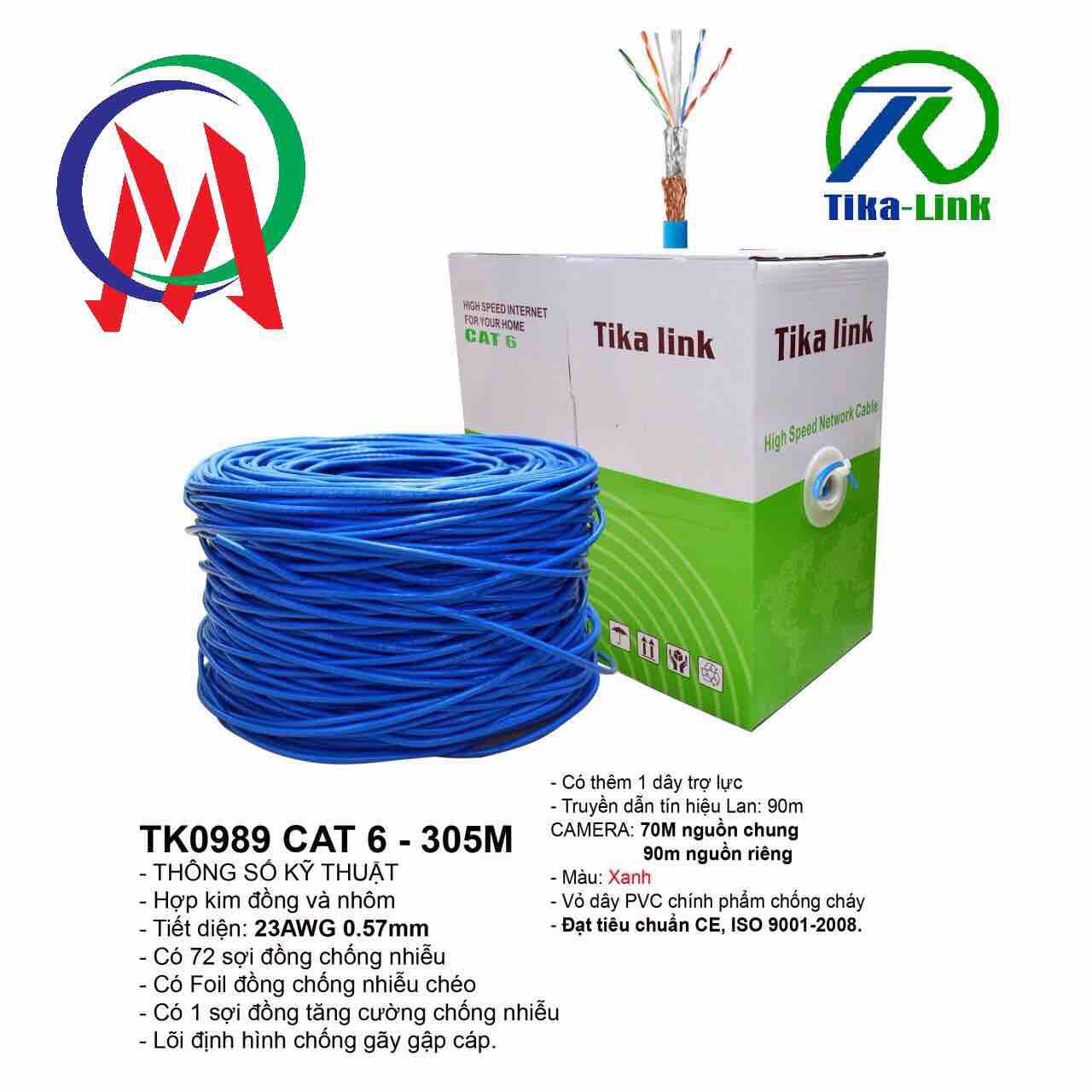 [HCM]Thùng Dây mạng cat 6 bootroom 2 lớp bọc bạc chống nhiễu Tika-link 0989 full 305m tiết diện 0.57