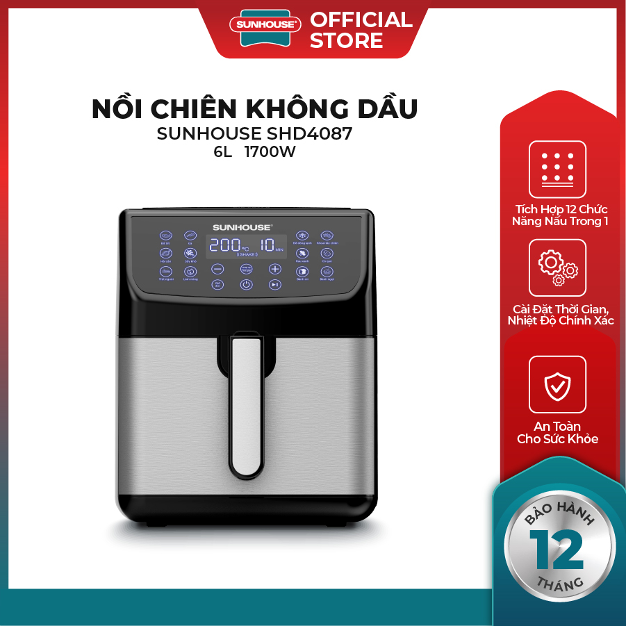 Nồi chiên không dầu 6L SUNHOUSE SHD4087 - Điều khiển cảm ứng - 12 Chức năng - Công suất 1700W - Bảo hành 12 tháng - Hàng Chính Hãng