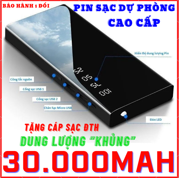 PIN DỰ PHÒNG SẠC DỰ PHÒNG DUNG LƯỢNG KHỦNG 30000MAH MÀN HÌNH HIỂN THỊ MẶT GƯƠNG SẠC PIN TRÂU DÀNH CHO CÁC DÒNG ĐT