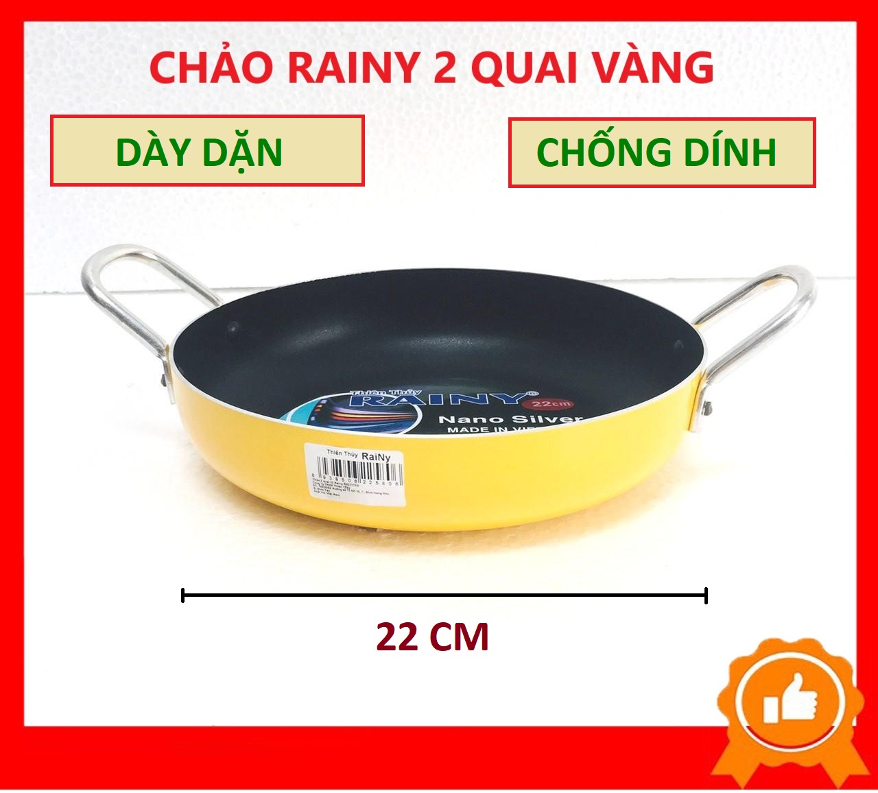 Chảo xào 2 quai chống dính 22cm sơn vàng rainy – đồ dùng nhà bếp – nồi nấu thực phẩm đa năng - chảo 22 cm - chảo sâu lòng - chảo chống dính - chảo chiên trứng – chảo xào – dụng cụ nấu ăn