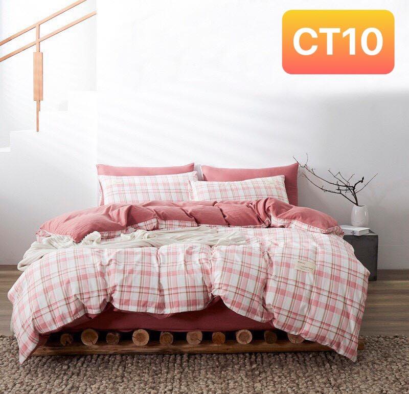 Bộ vỏ chăn ga gối Cotton TC Nhà Nhím_Bedding sọc caro 4 món đủ kích thước