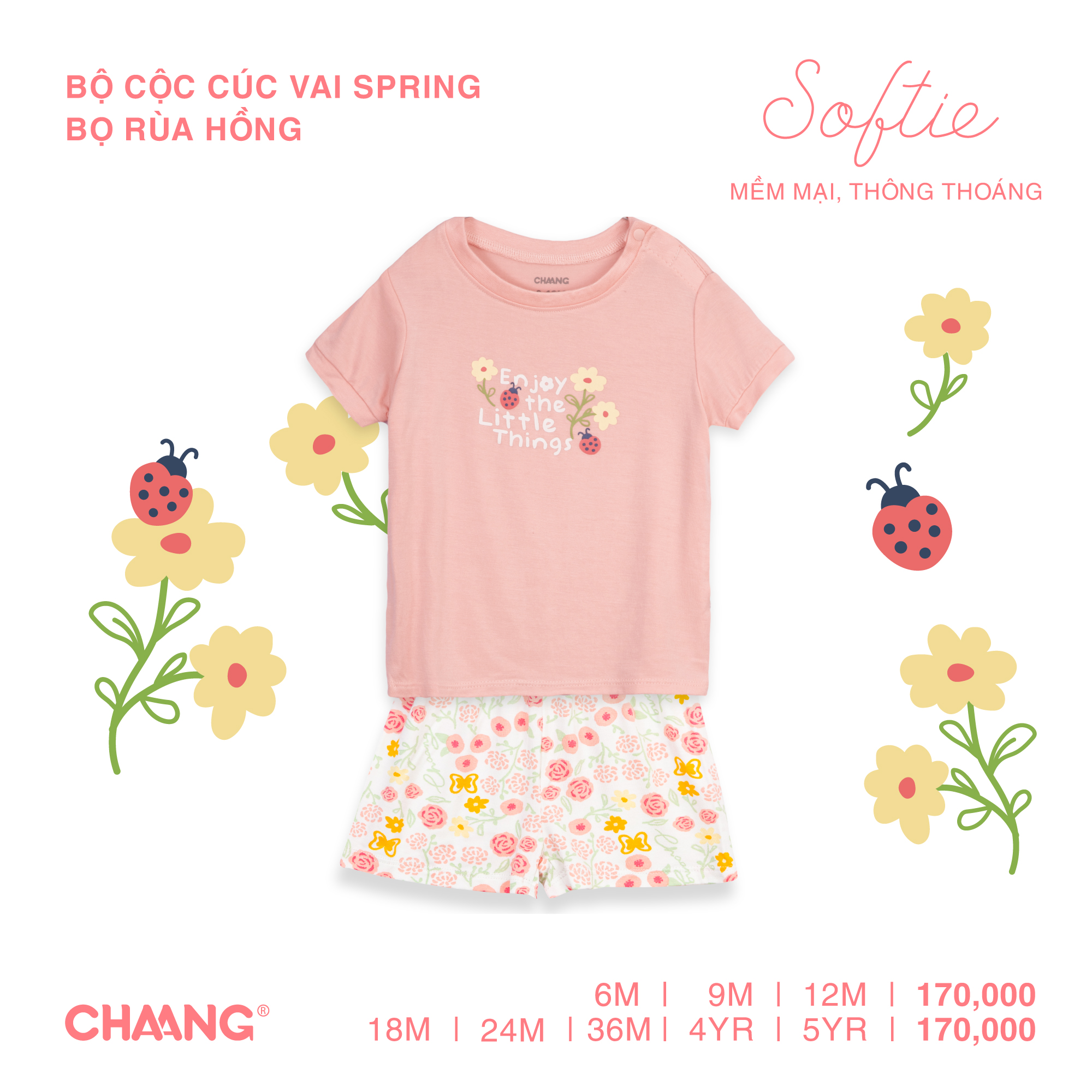 [CHAANG] Bộ quần áo cộc cúc vai Spring bọ rùa hồng