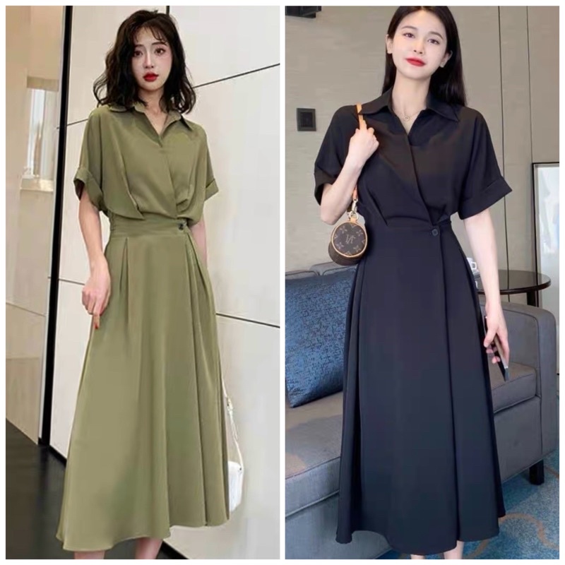 Đầm váy sơ mi nút eo tay ngắn 8 màu