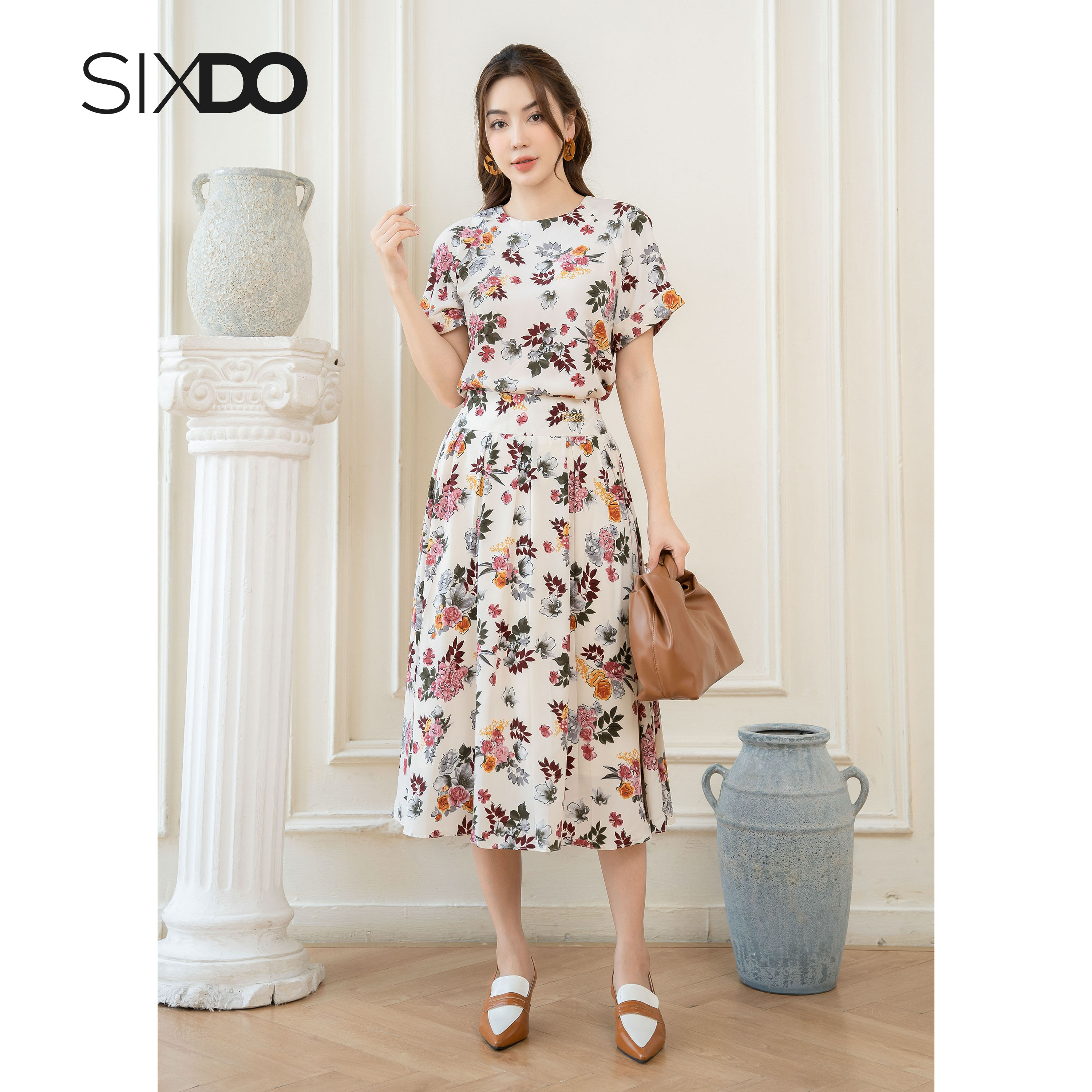 Chân váy hoa lụa dáng xòe xếp li to thời trang SIXDO