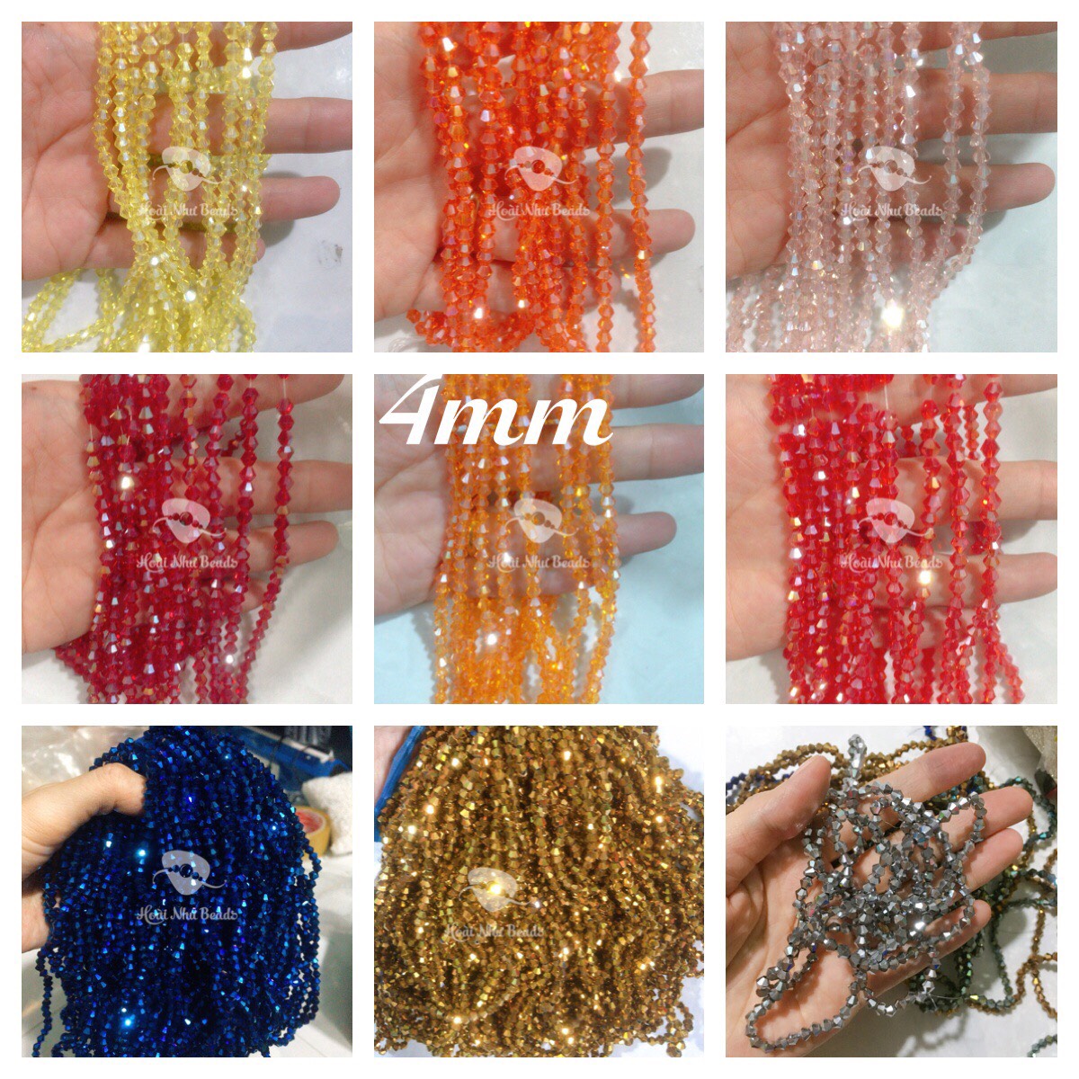 Chùm 10 sợi hạt đá pha lê nón (thuỷ tinh) 4mm đính kết may vá handmade