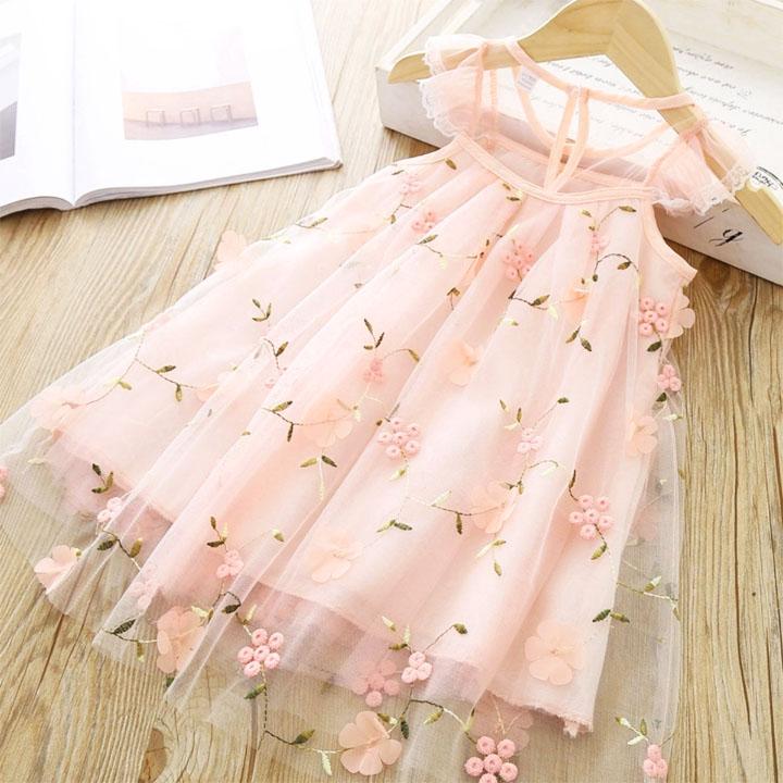 Đầm công chúa cho bé 3-8 tuổi cánh tiên thêu hoa phối lưới nữ tính – D042