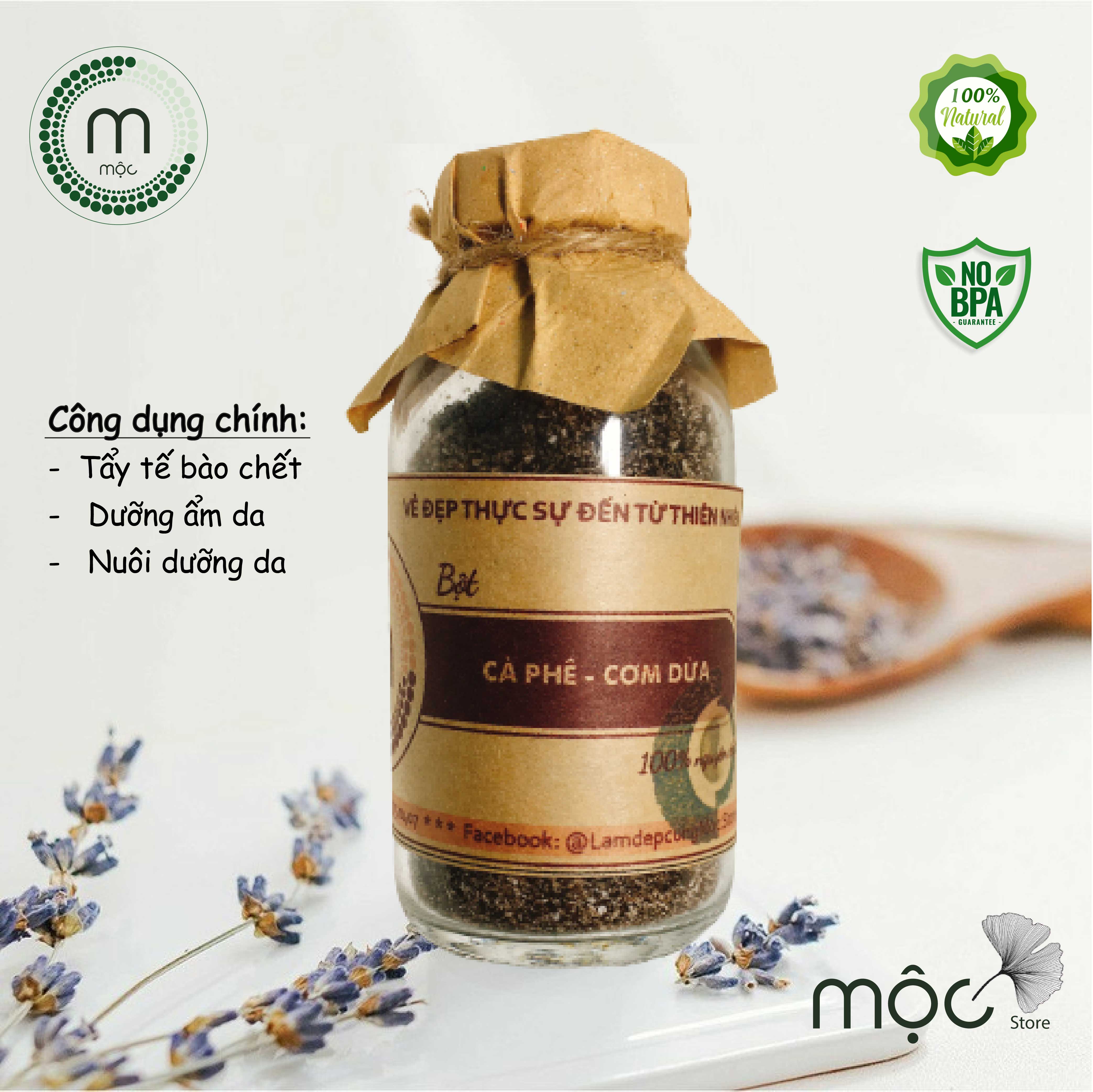 Bột cà phê dừa (cafe) MỘC - tẩy tế bào chết, làm sạch da, giúp da mịn màng, dưỡng ẩm, giúp làm sạch sâu gói dùng thử 10g và chai 100ml, 200ml handmade