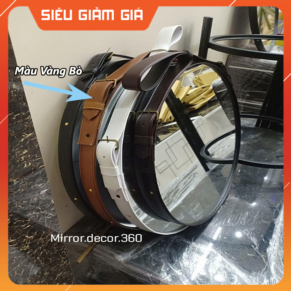 (Size 50cm) Gương Tròn Treo Tường Viền Da Simili (Màu Vàng Bò)
