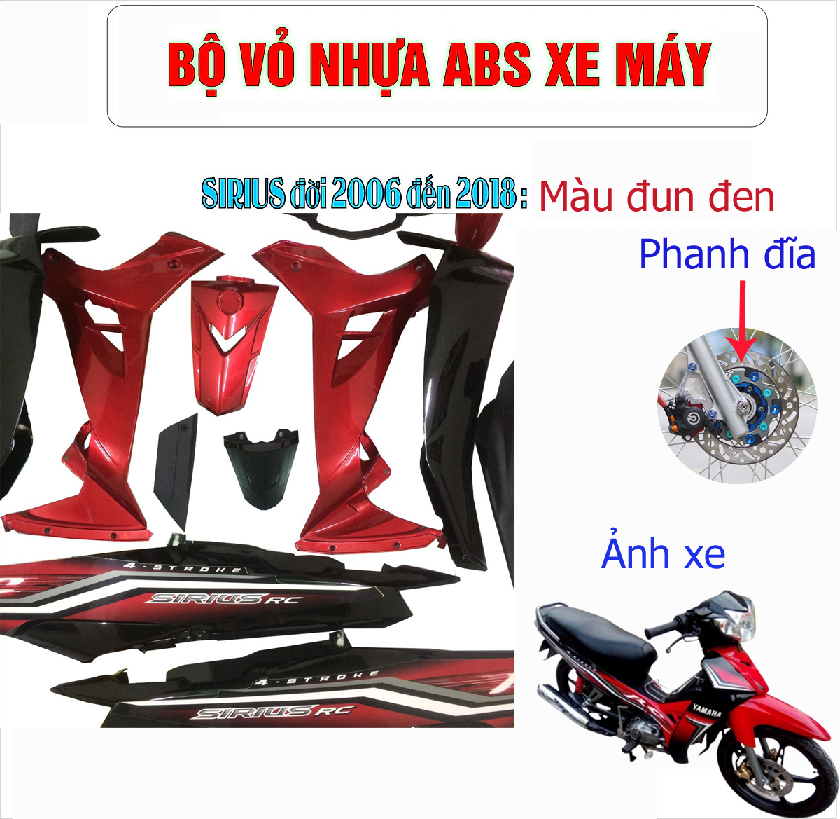 [TẶNG TEM] Bộ dàn áo xe SIRIUS thường - SIRIUS RC - Nhựa nguyên sinh ABS màu Đỏ đun Đen - có TẶNG BỘ TEM cao cấp - chống bay màu