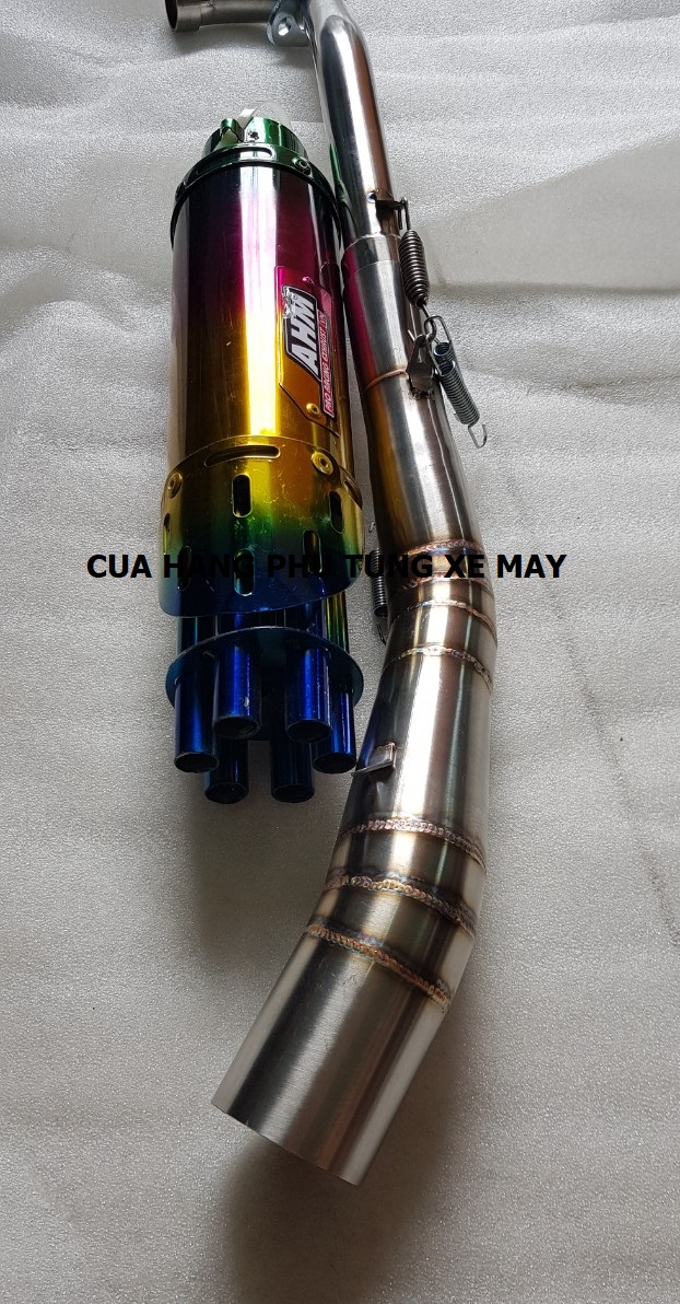 Pô AHM 6 nòng gắn xe Dream, Wave, Sirius, Cub (kèm cổ 2 khúc inox 304 xịn + pát treo + lò xo)