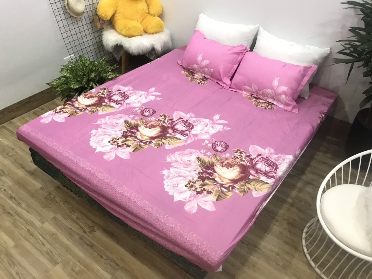 Set Ga Gối Cotton Poly Mẫu Trà Hồng p2 ( gồm 1 ga + 2 vỏ gối )