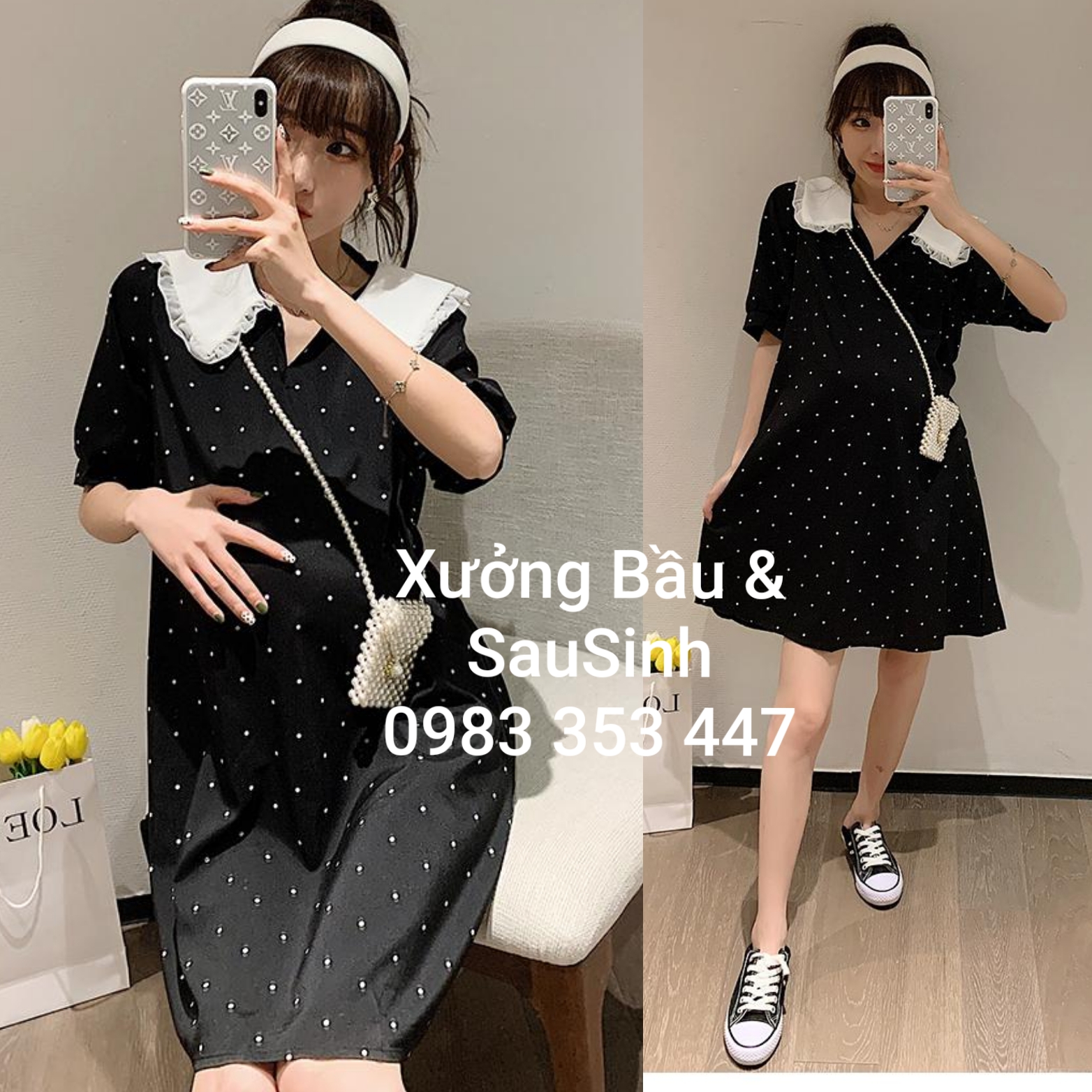 Đầm bầu suông cổ bèo chấm bi thoáng mát onesize (45kg-68kg) VM6623