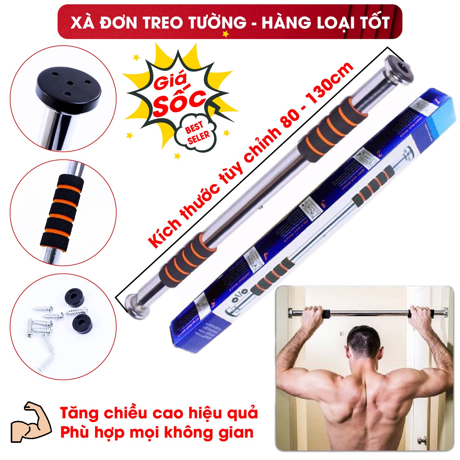 Xà đơn treo tường, xà đơn gắn cửa treo tường đa năng 60-100cm , 80-130cm loại dày - Xà đơn gắn tường đa năng