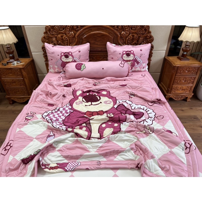 Bộ ga gối gấu dâu ( gấu Lotso ) thun mát lạnh 5D