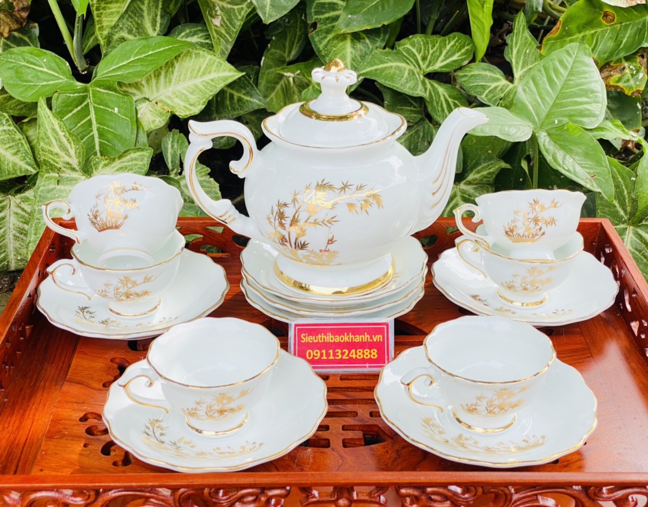 Gốm sứ Bát Tràng ấm chén họa tiết cây tre vàng