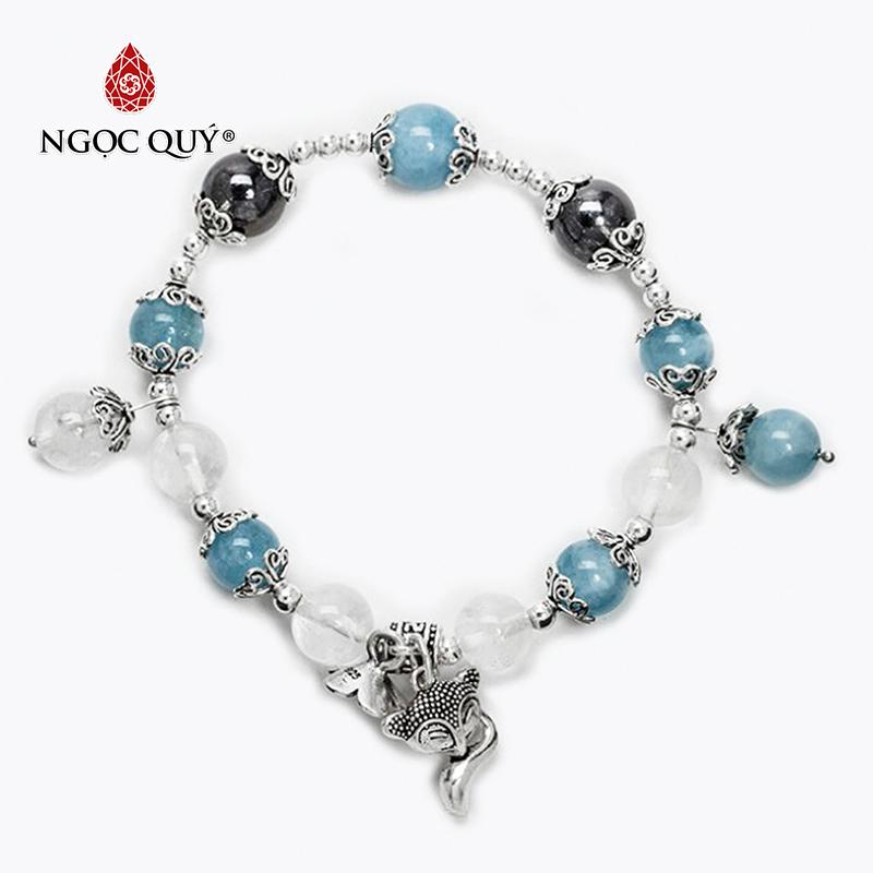 [HCM]Vòng Tay Đá Thạch Anh Trắng Phối Đá Aquamarine Charm Hồ Ly Bạc Mệnh Kim Thuỷ 8mm - Ngọc Quý Gemstones